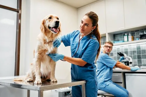 female-vet-examining-dog-at-vet-with-male-vet-assisting